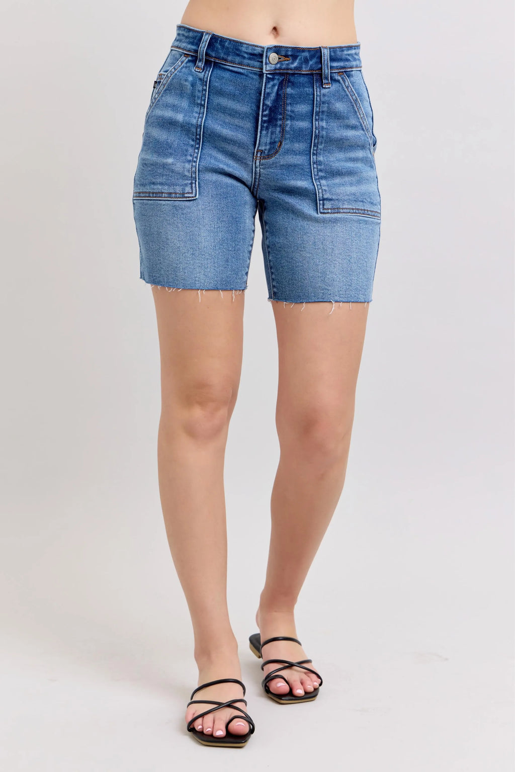 Judy Blue Mid Rise Bermuda Denim Shorts With Back Pockets