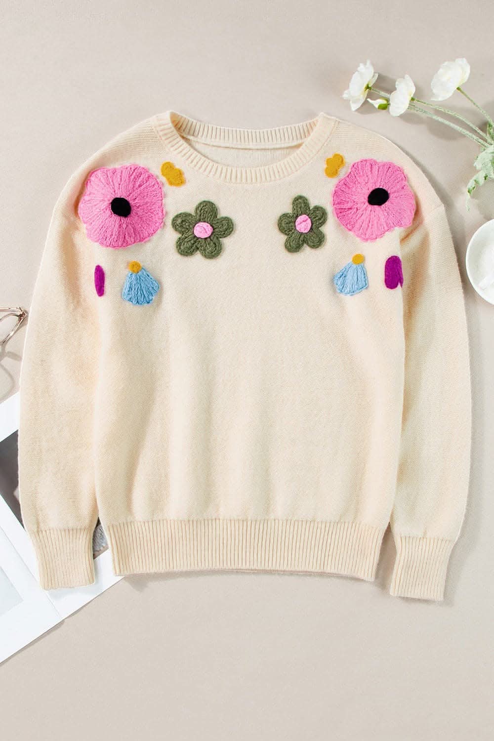 Chic floral crochet sweater