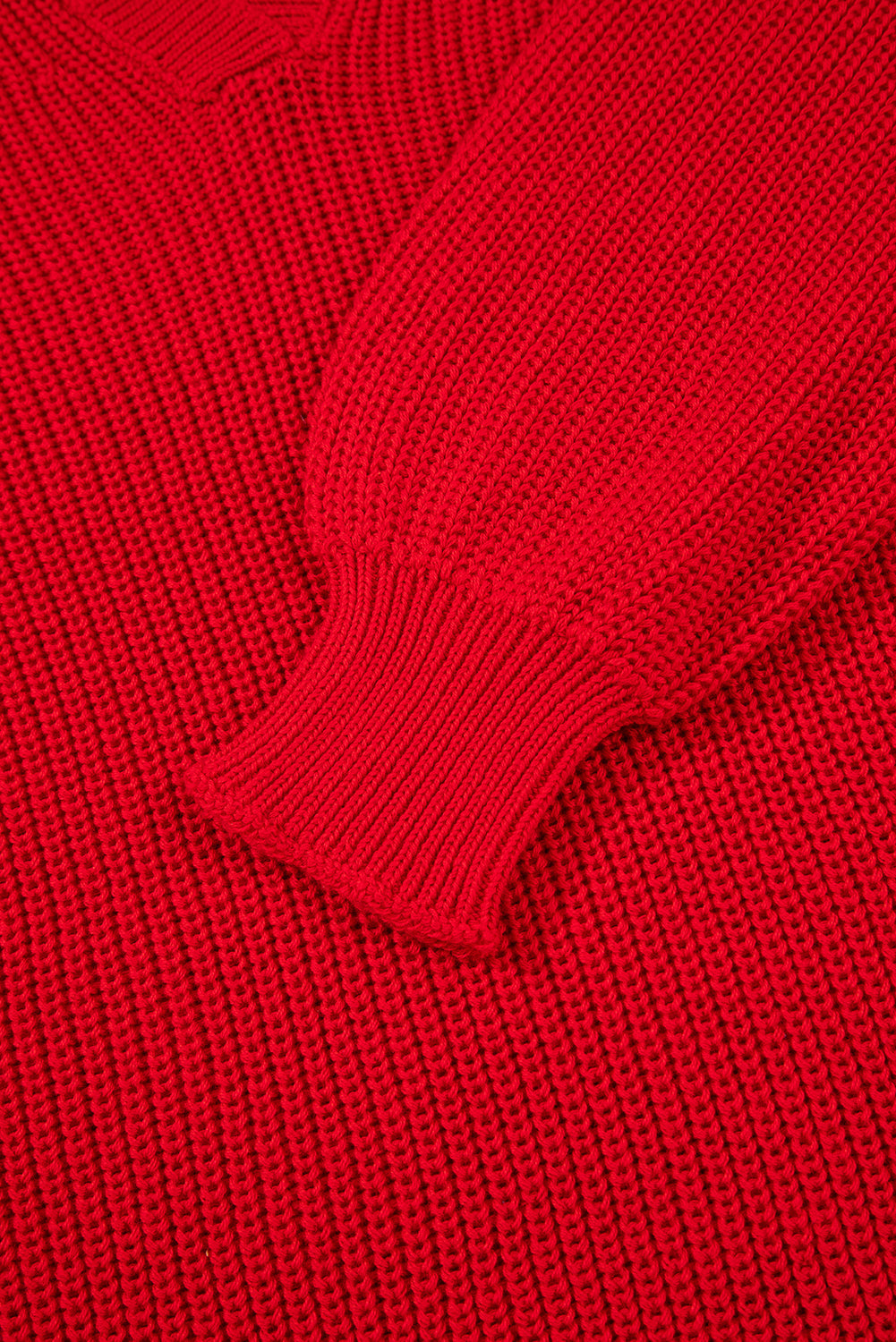 Premium Racing Red Solid Textured Knit V Neck Drop Shoulder Sweater