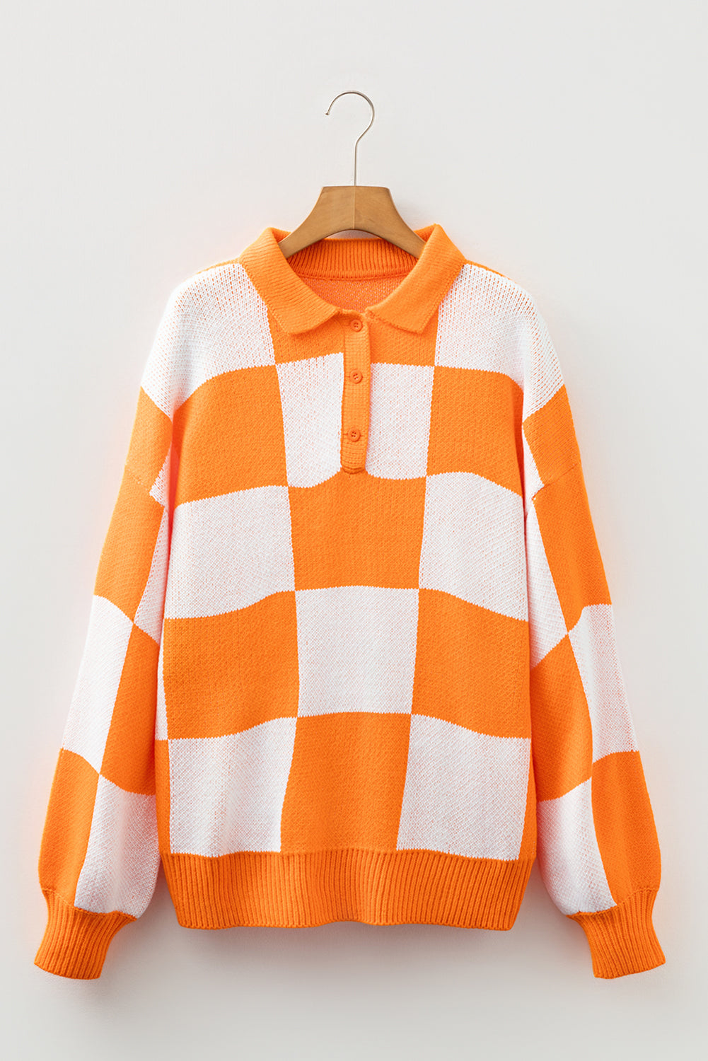 Grapefruit Orange Checkered Polo Collar Loose Sweater
