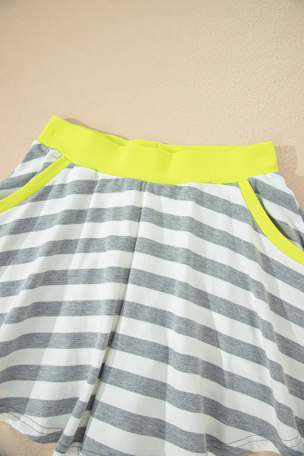 Premium Gray Stripe Ribbed Long Sleeve Blouse Plus Shorts Set