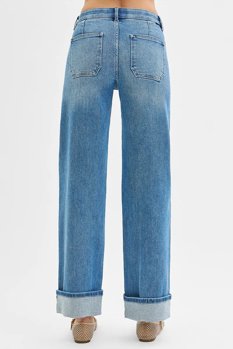 Risen Plus Size Elastic Band Mid Rise Patch Pocket Jeans