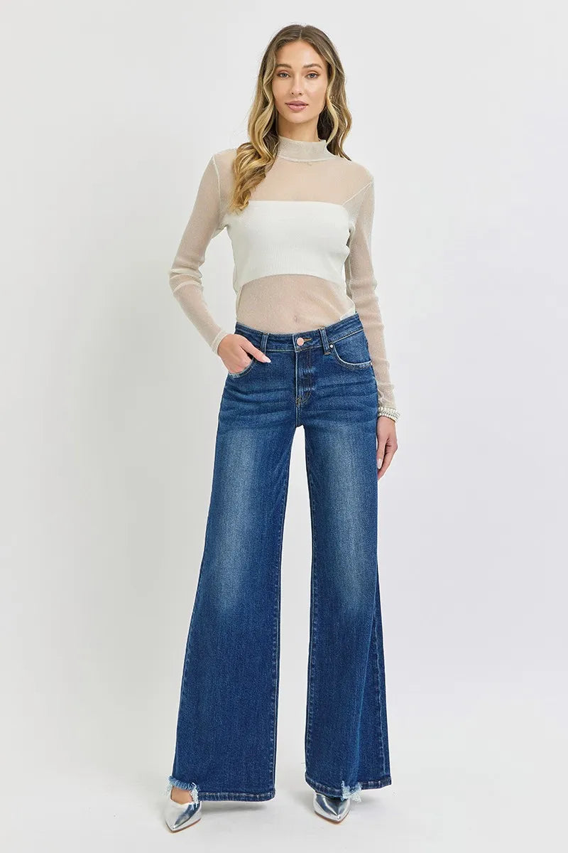 Risen Plus Size Mid Rise Wide Leg Flare Jeans Distressed