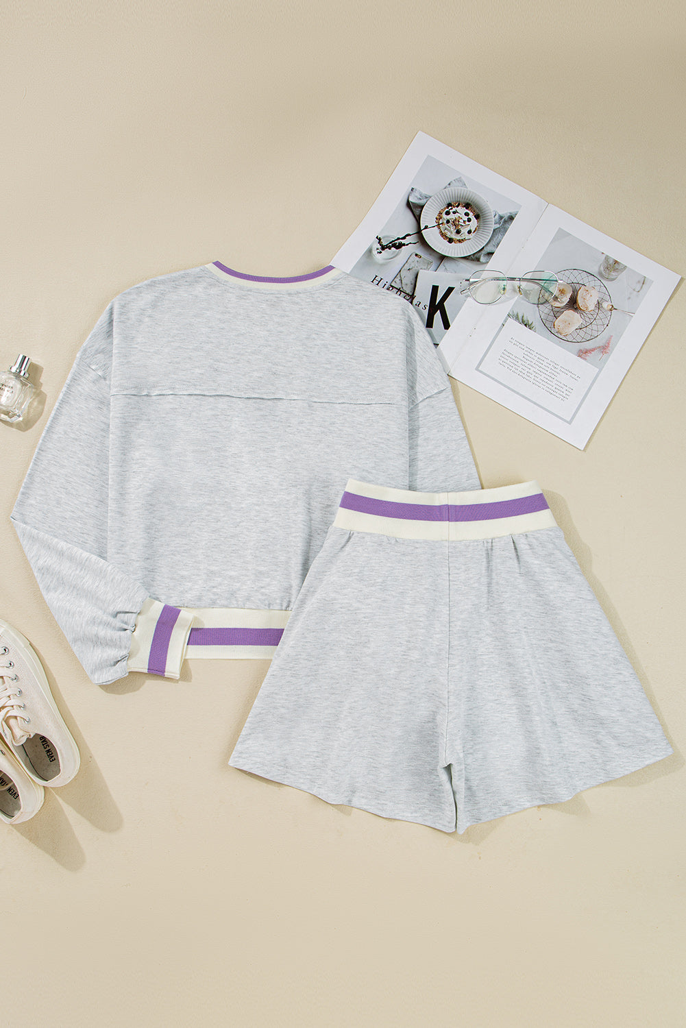 Premium Light Grey Contrast Striped Cropped Pullover And Short Set