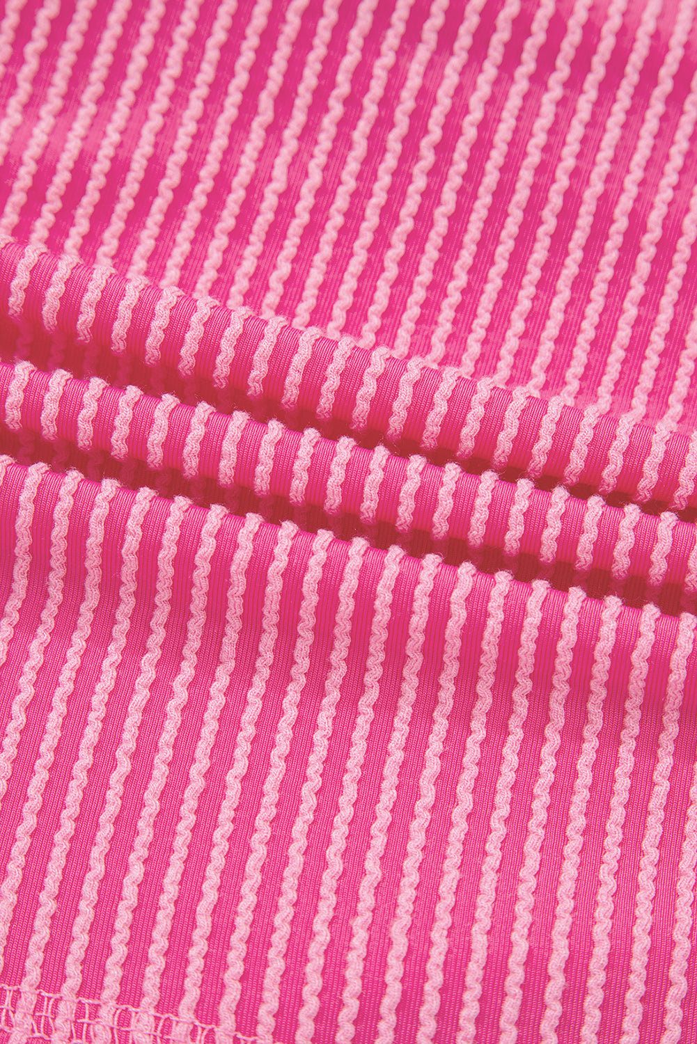 Bright Pink Spiral Ribbed Short Sleeve V Neck Buttoned Romper with Pocket