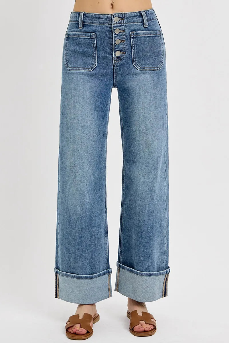 RISEN High Rise Ankle Wide Button Patch Pocket Cuffed Jeans