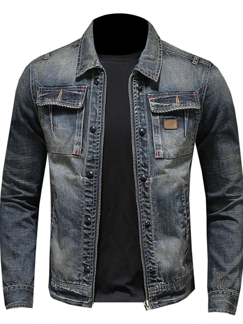 Men's Plus Size Washed Zip Up Denim Jacket with Chest Pockets
