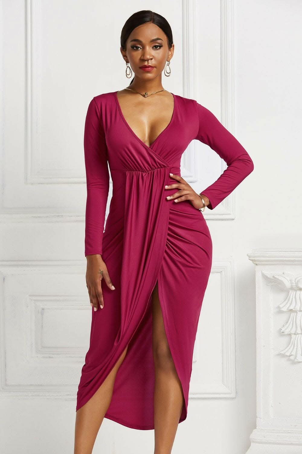 Elegant ruched surplice dress