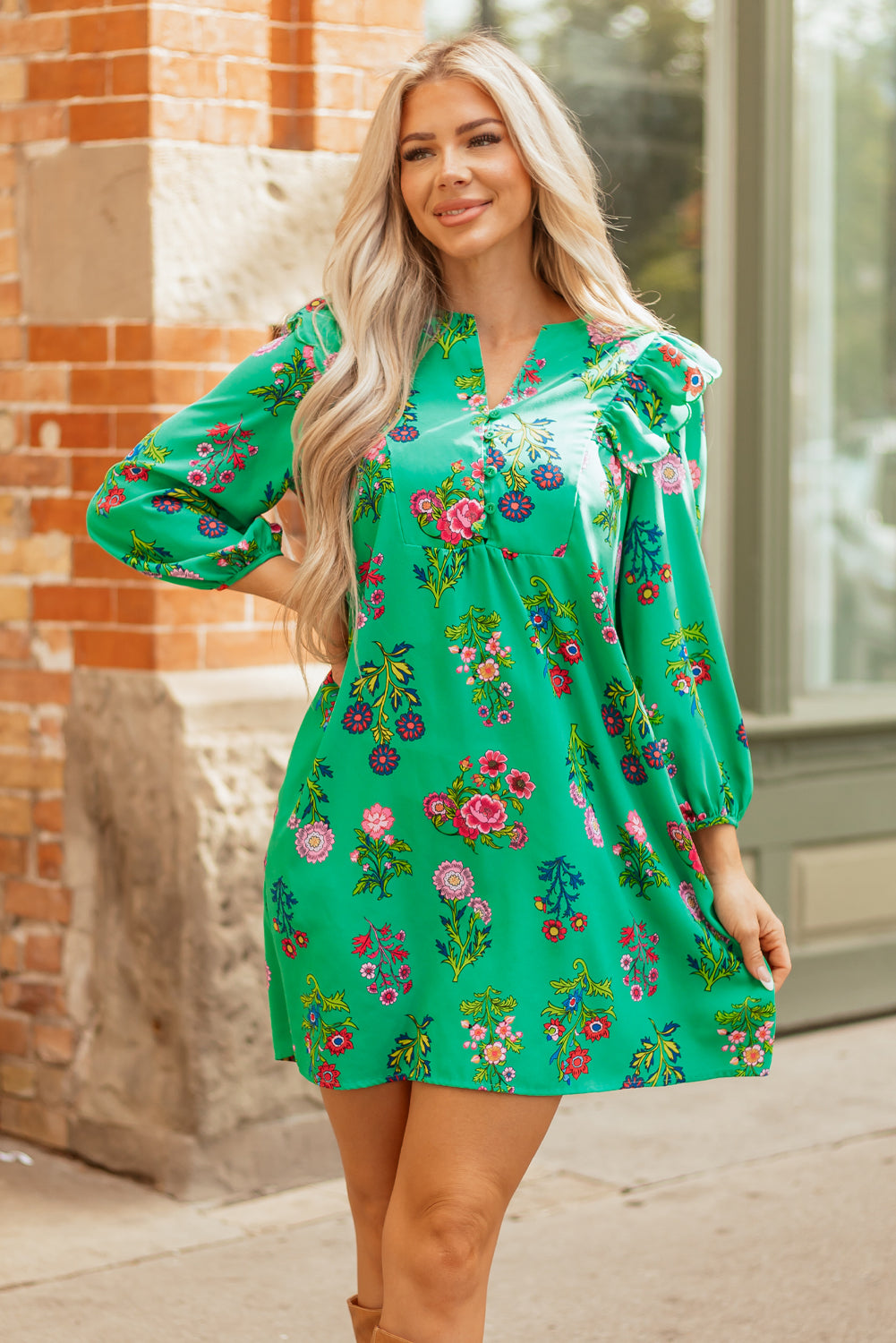 Premium Green Floral Ruffled Three Quarter Sleeve Buttoned Dress