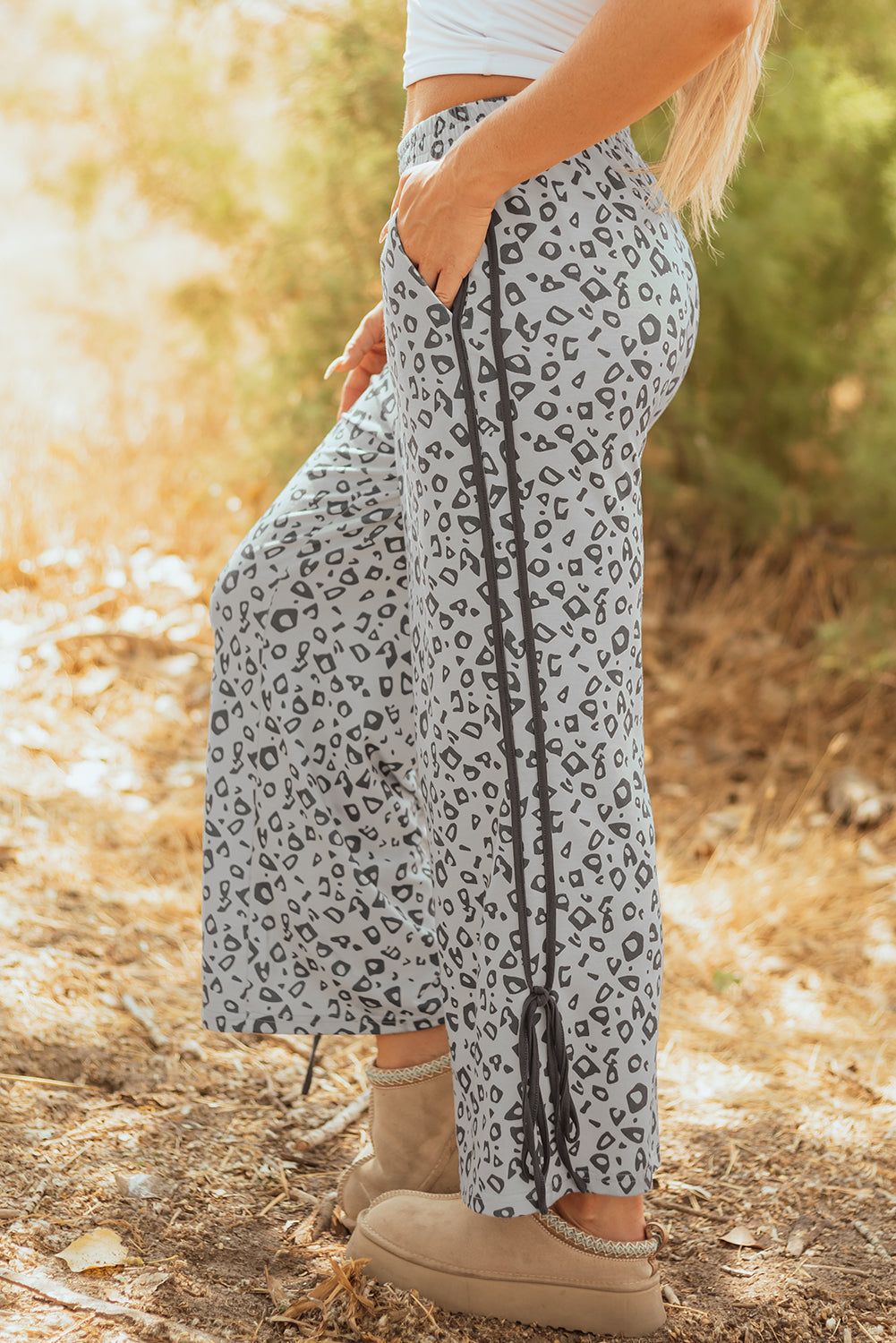 Gray Leopard High Waist Side Bow Straight Leg