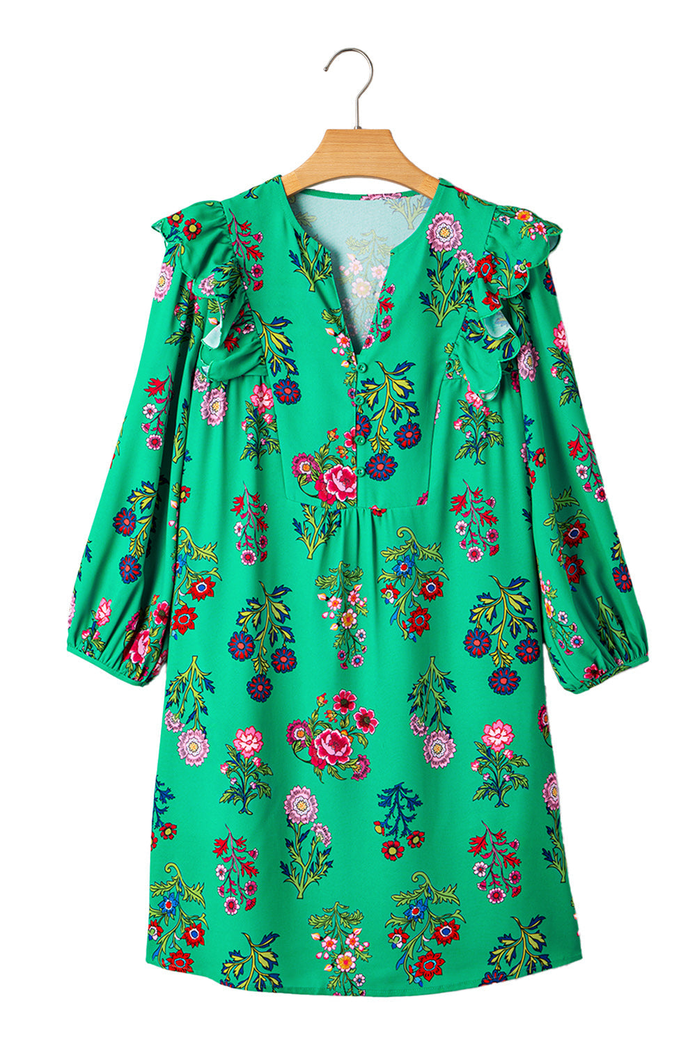 Premium Green Floral Ruffled Three Quarter Sleeve Buttoned Dress