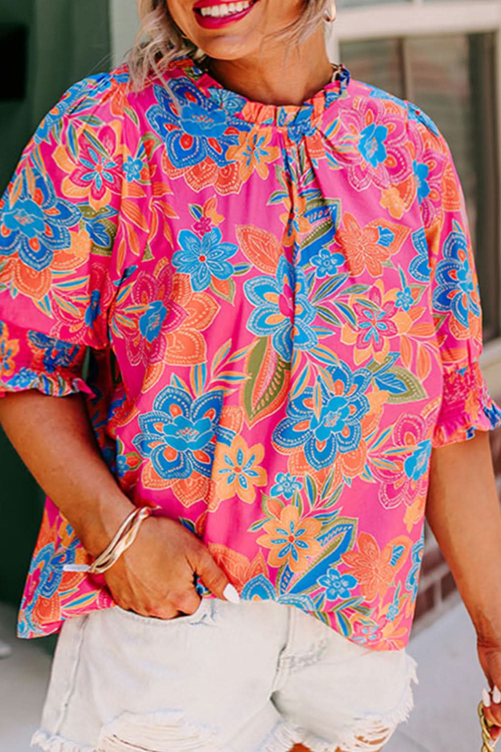 Rose plus floral blouse - frilly neck, puff sleeves