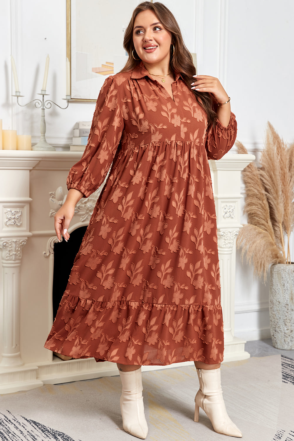 Premium Cinnamon Plus Size Textured 3D Flower Dress Ruffle Hem Long