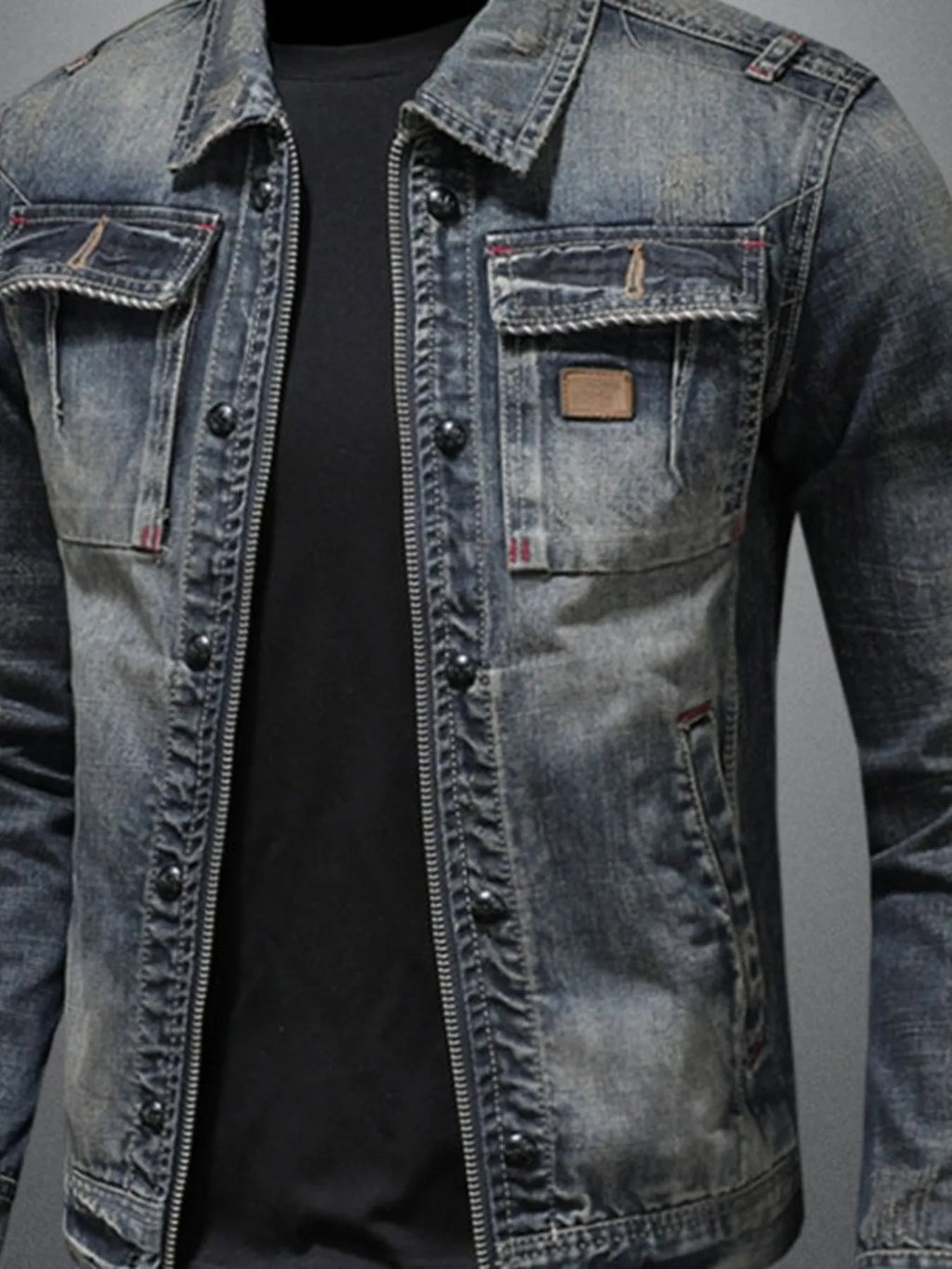 Men's Plus Size Washed Zip Up Denim Jacket with Chest Pockets