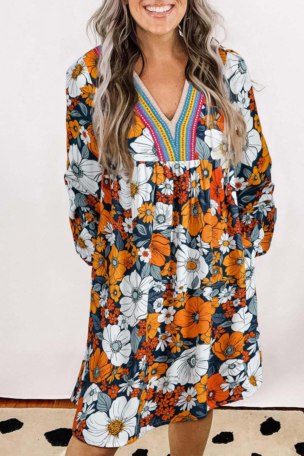 Orange Floral Print Lace V Neck Long Sleeve Mini Dress