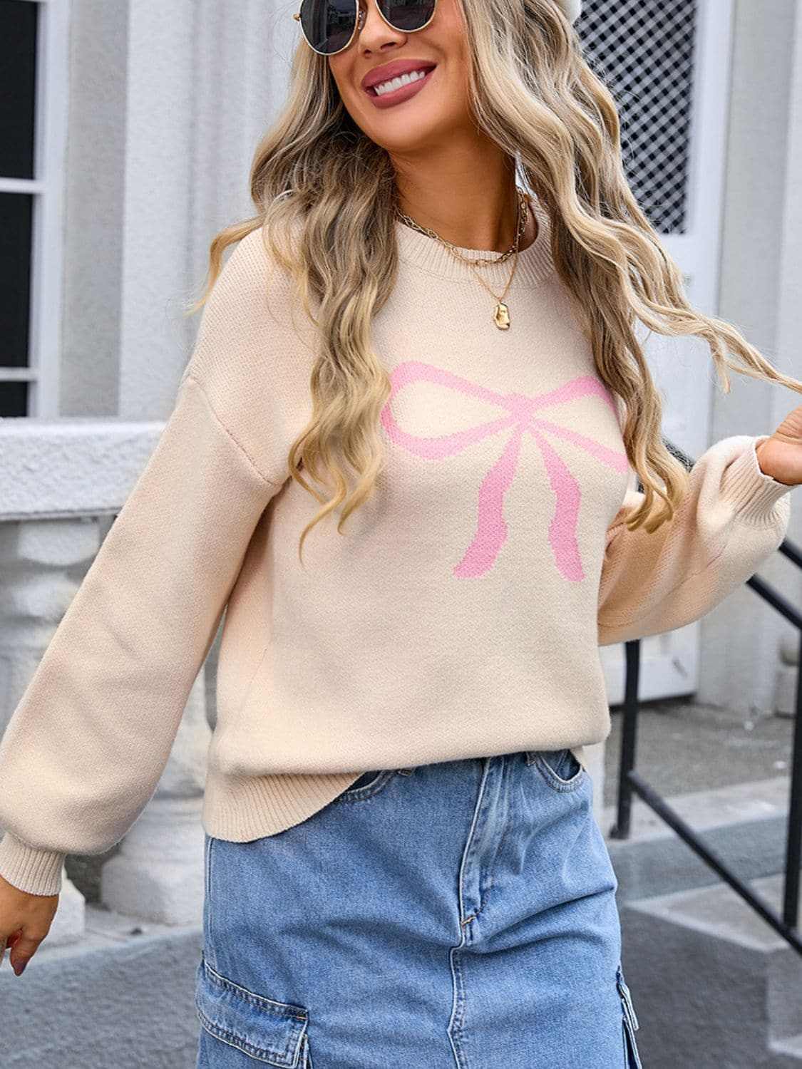 Charming bow print long sleeve sweater