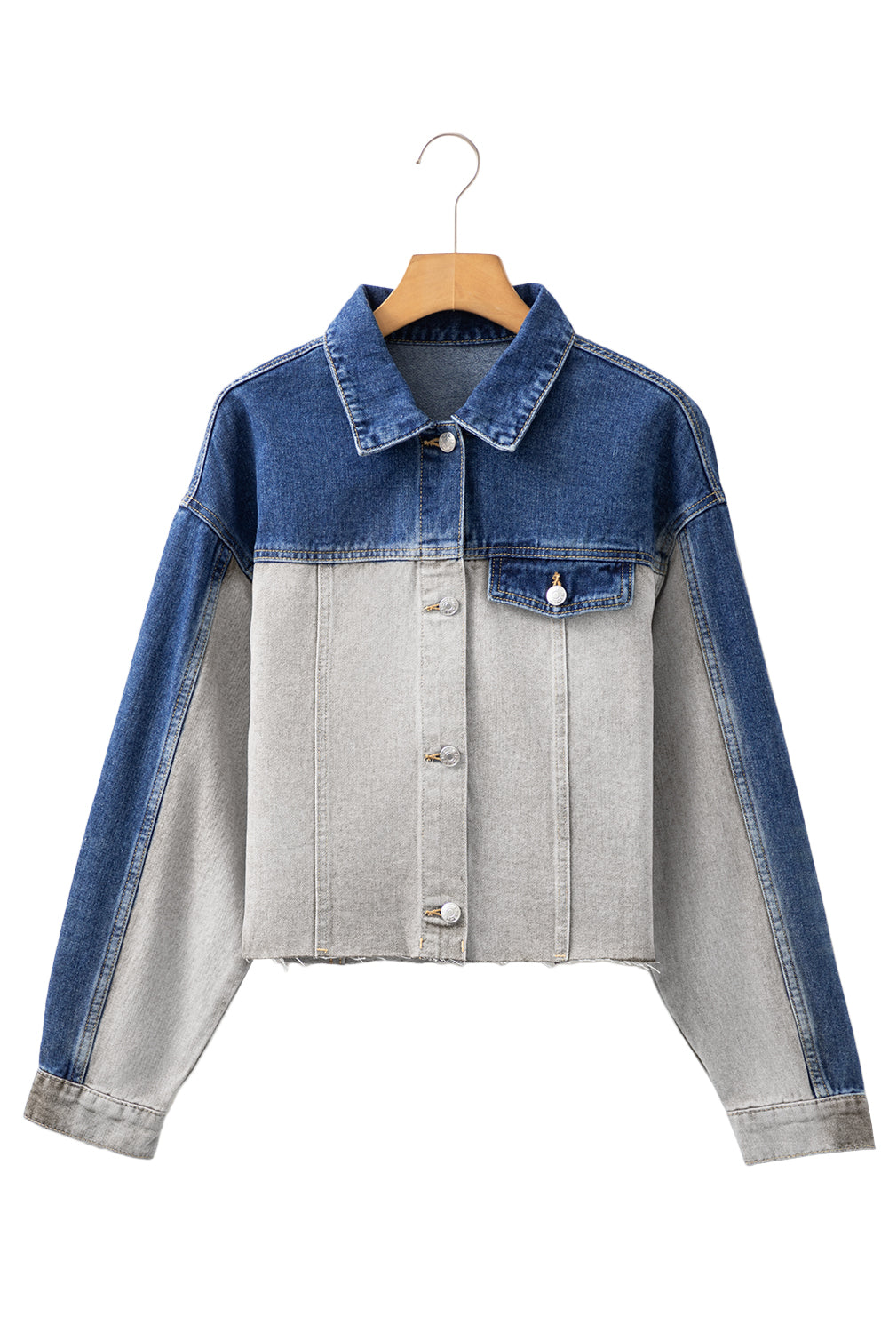 Dusk Blue Color Block Patchwork Flap Detail Distress Denim Jacket