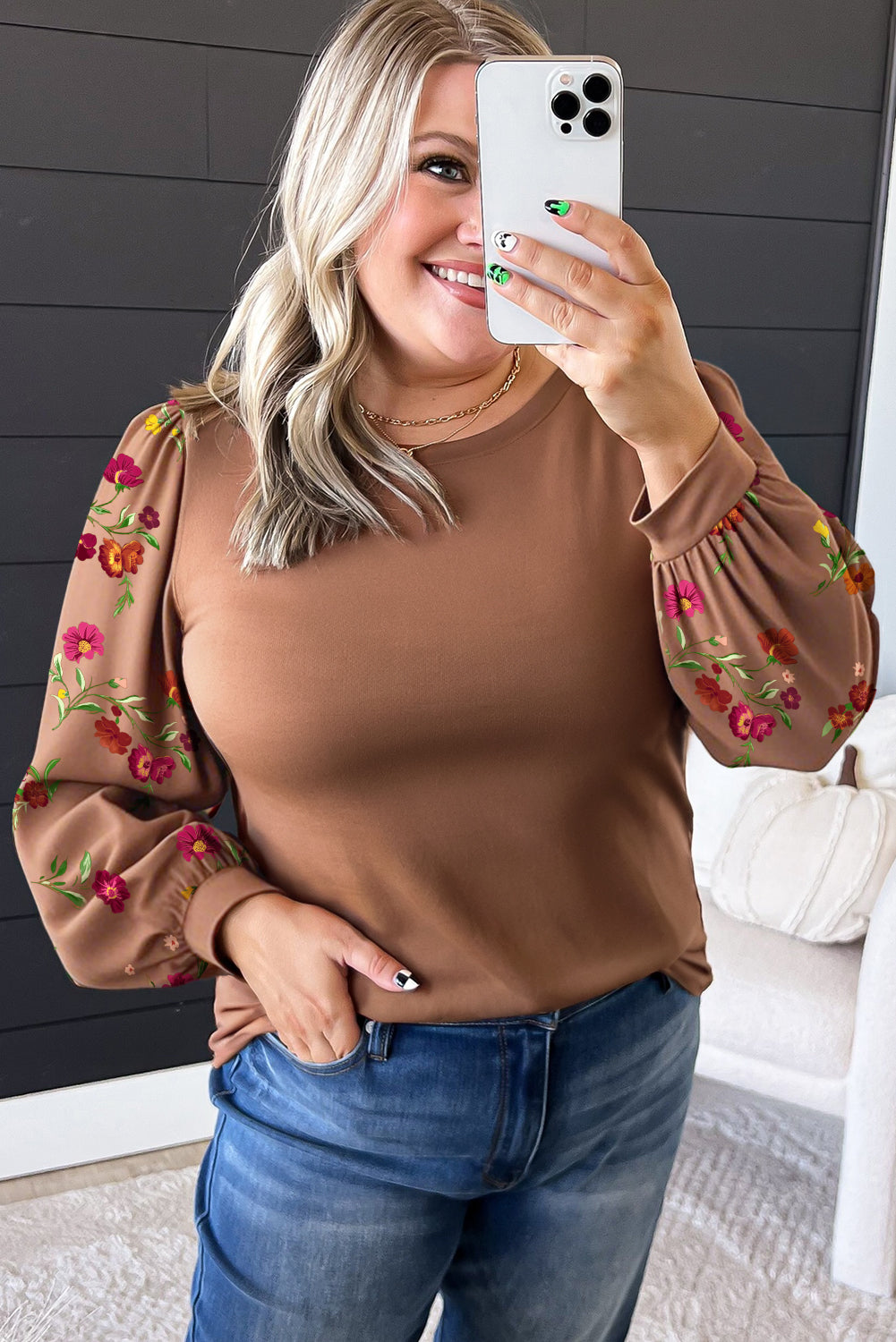 Brown Floral Sleeve Patchwork Round Neck Plus Size Blouse