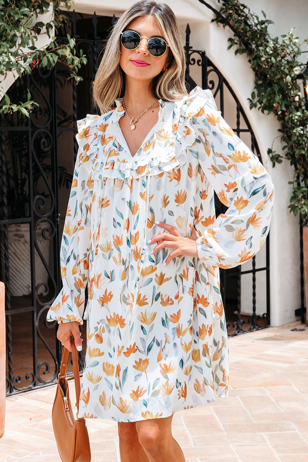 Yellow Floral Print Tie Neck Frilled Long Sleeve Mini Dress