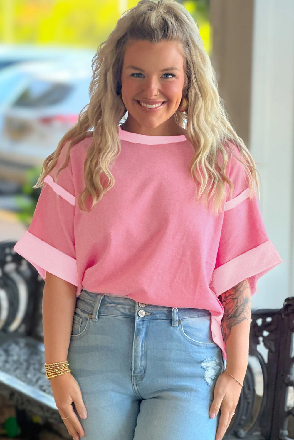 Peach Blossom Patchwork Two Tone Half Sleeve Plus Size Tee