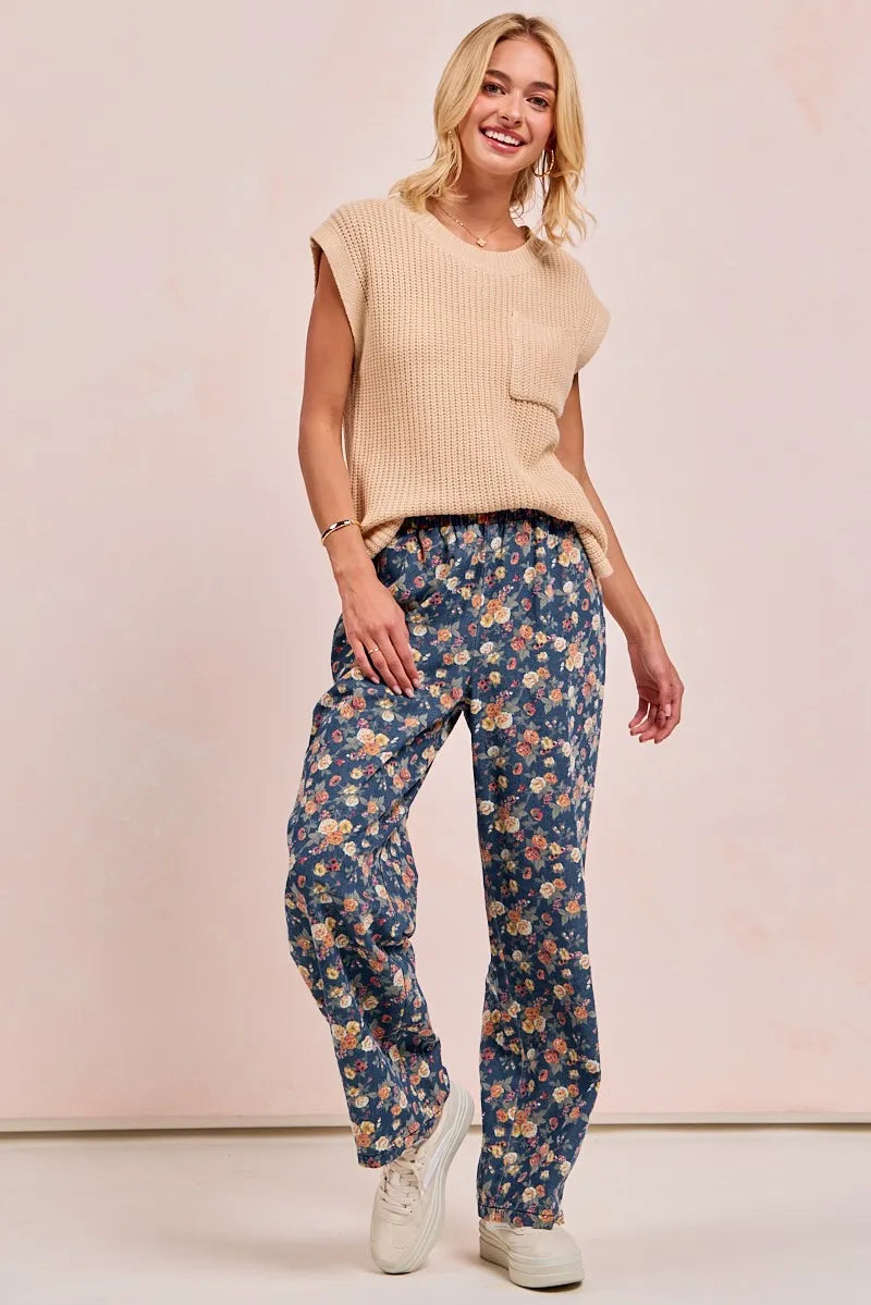 BiBi Washed Floral Print Wide Leg Jeans