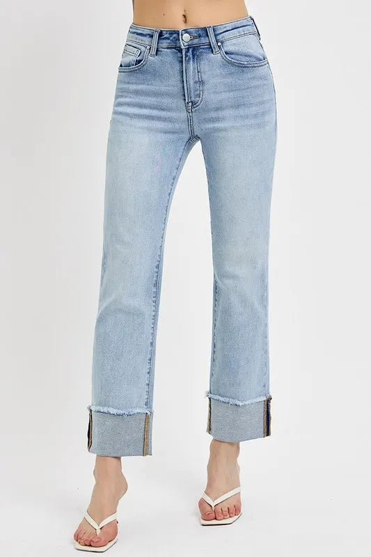 Risen High Rise Straight Cuffed Relaxed Jeans For Women