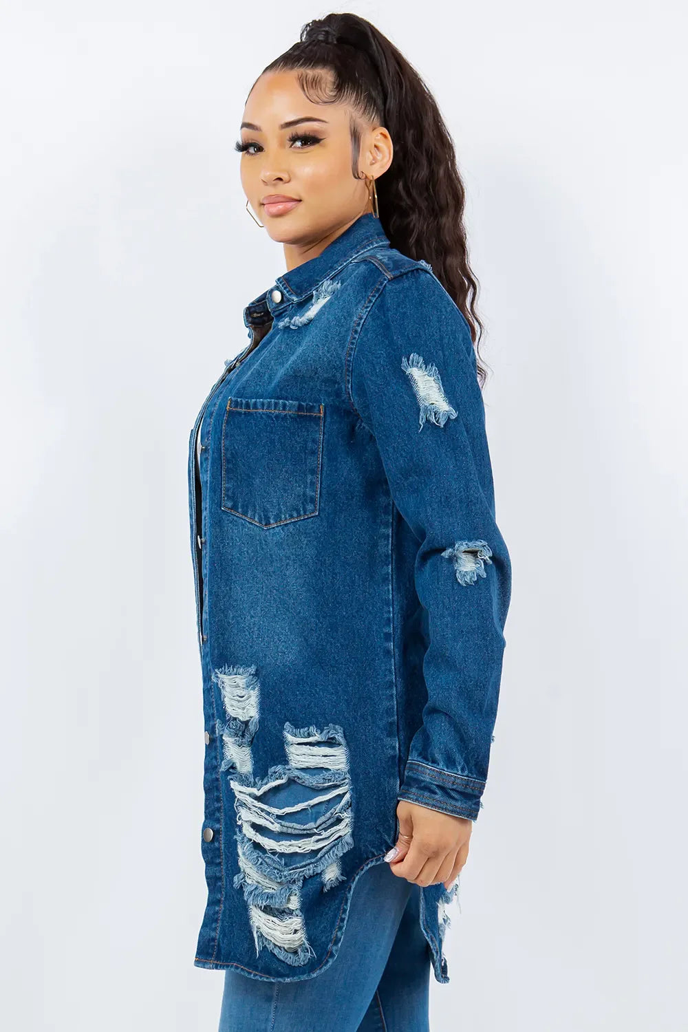 Trendsi American Bazi Distressed Long Sleeve Denim Jacket - Button Up, Apparel & Accessories