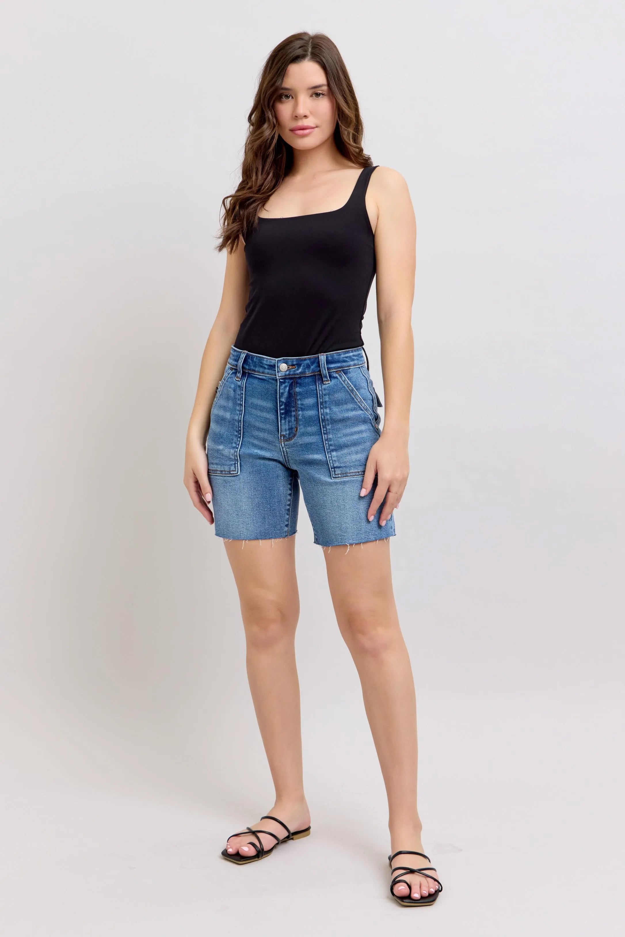 Judy Blue Mid Rise Bermuda Denim Shorts With Back Pockets