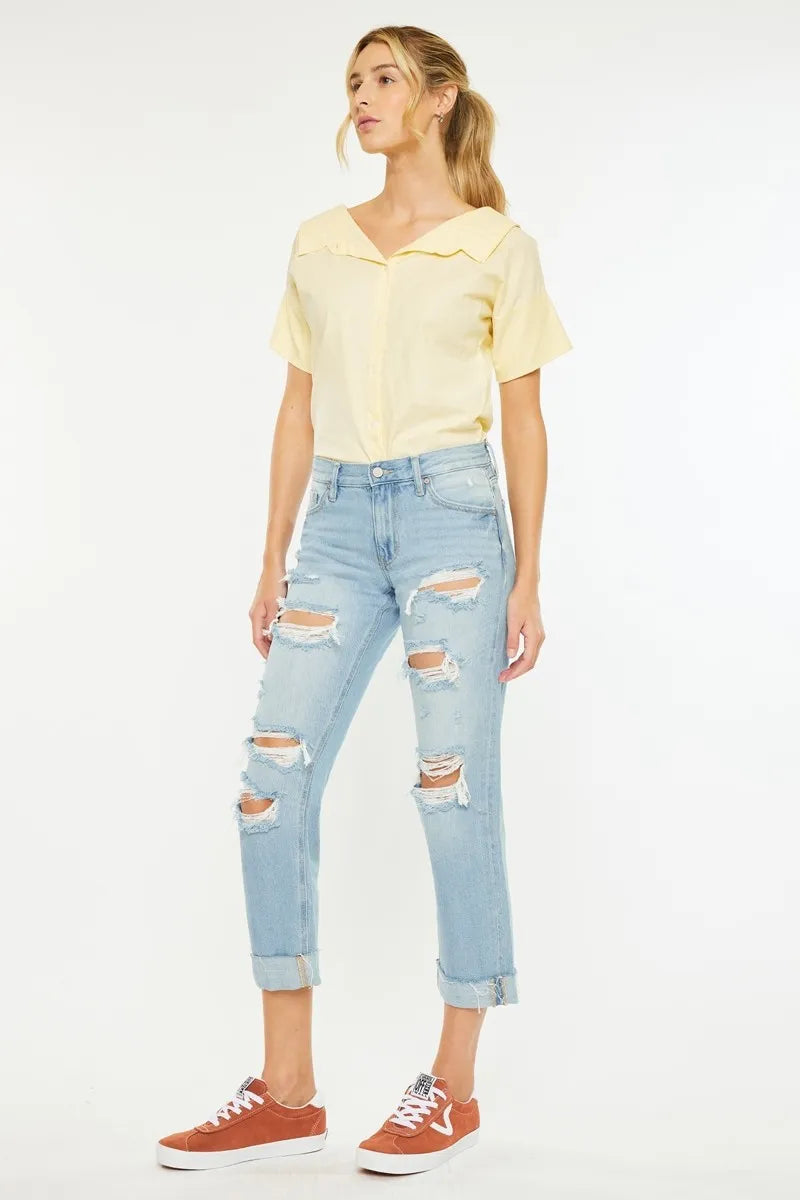 Kancan Mid Rise Distressed Boyfriend Jeans