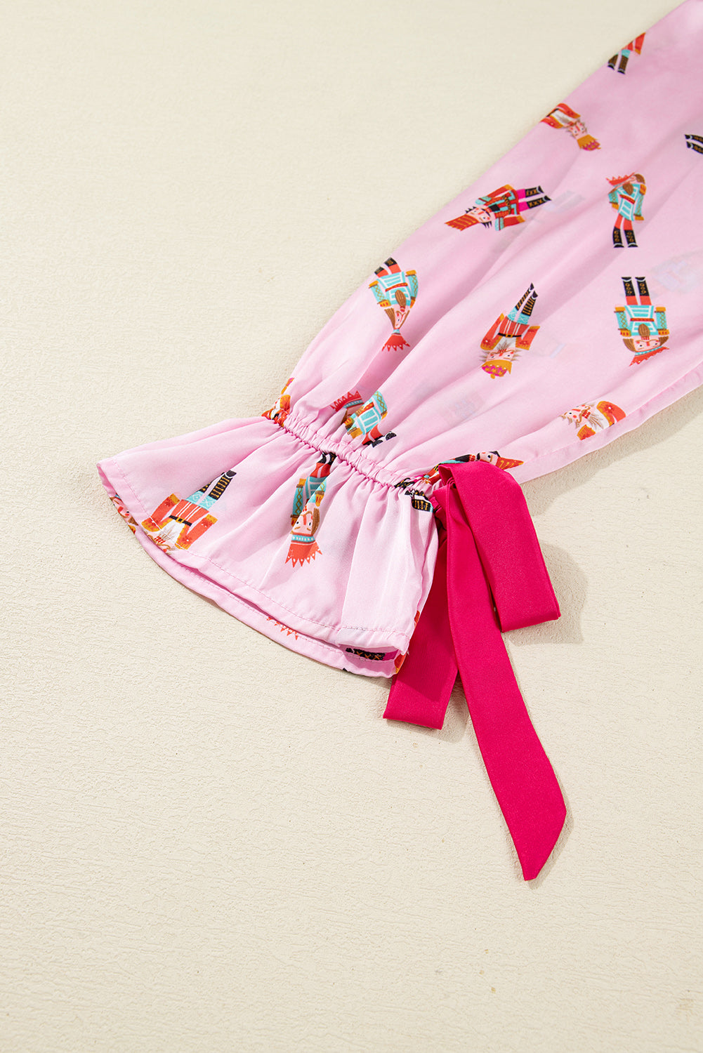 Pink Nutcracker Print Two Piece Pajama Set Contrast Trim Bow