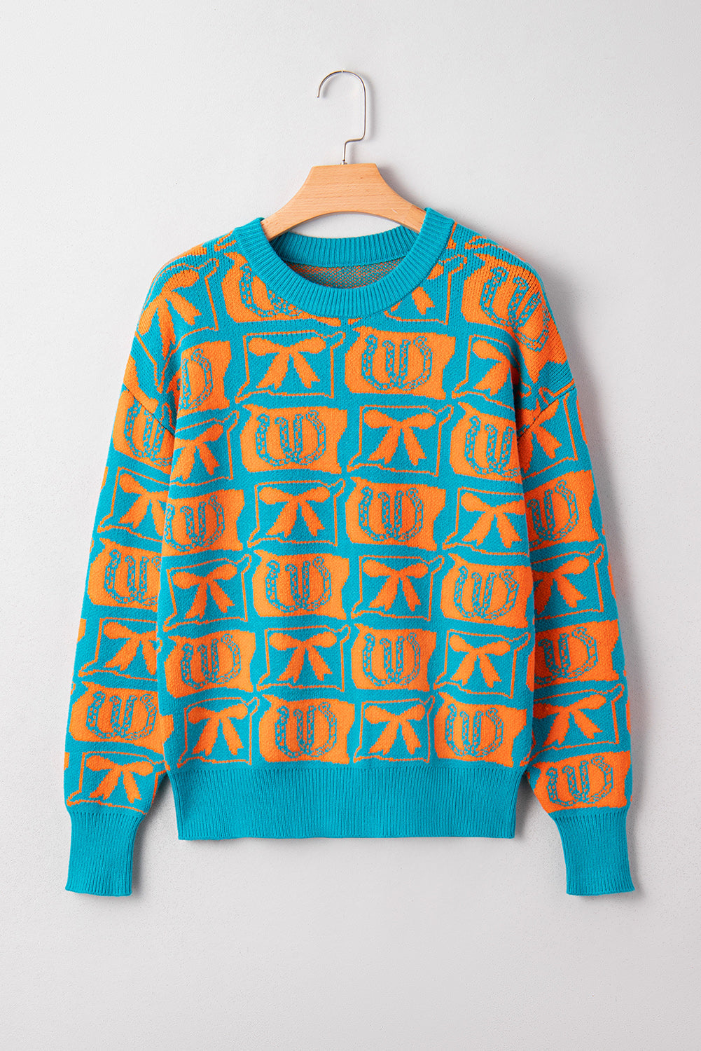 Light Blue Bows And Horseshoes Pattern Western Sweater