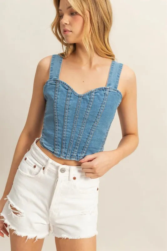 Hyfve Washed Sweetheart Neck Wide Strap Denim Tank Top
