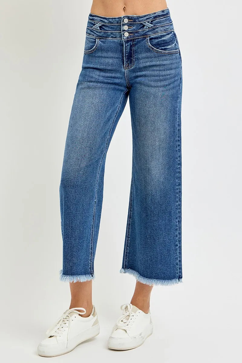 RISEN High Rise Crop Wide Leg Jeans with Wide Band Detail