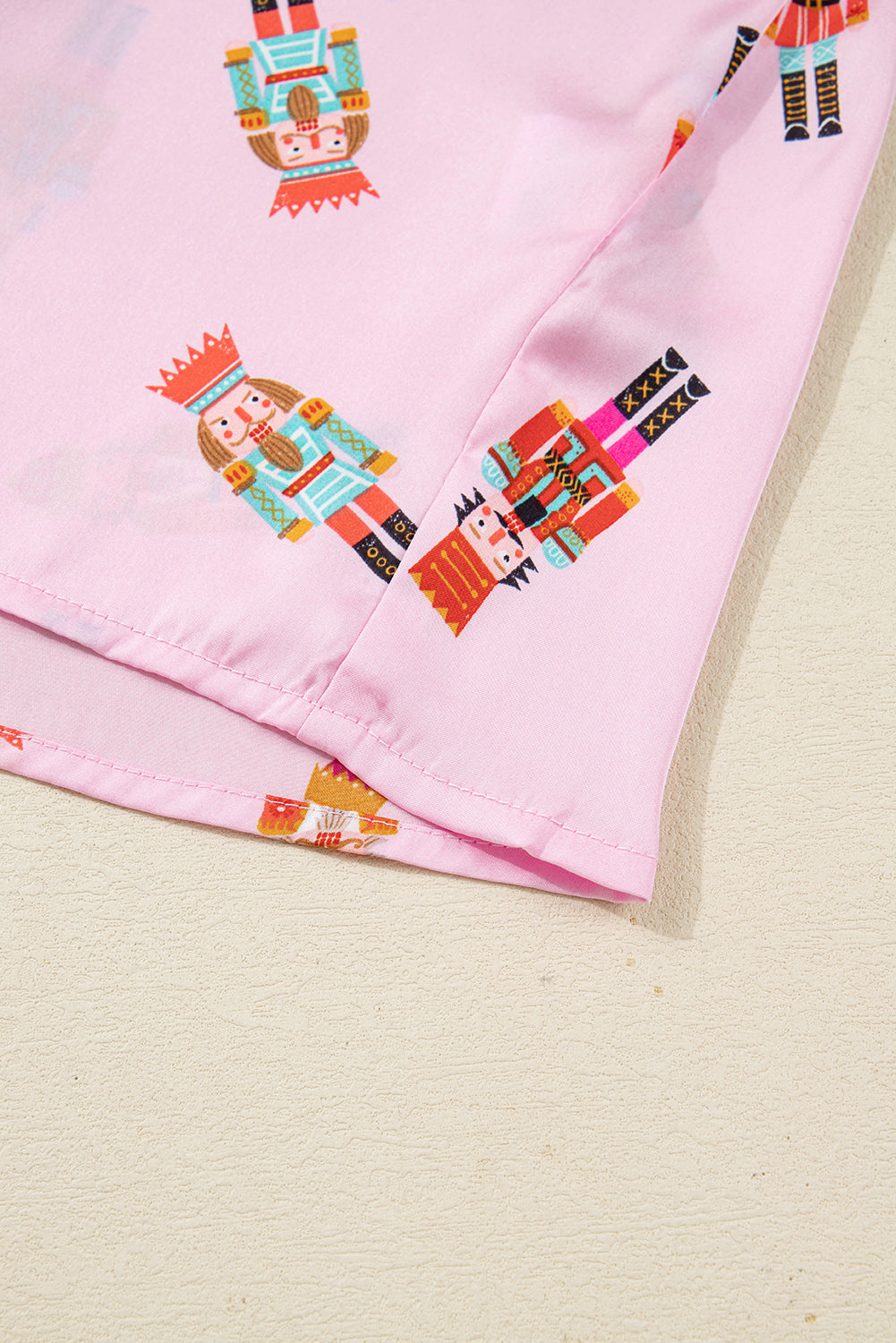 Pink Nutcracker Print Two Piece Pajama Set Contrast Trim Bow