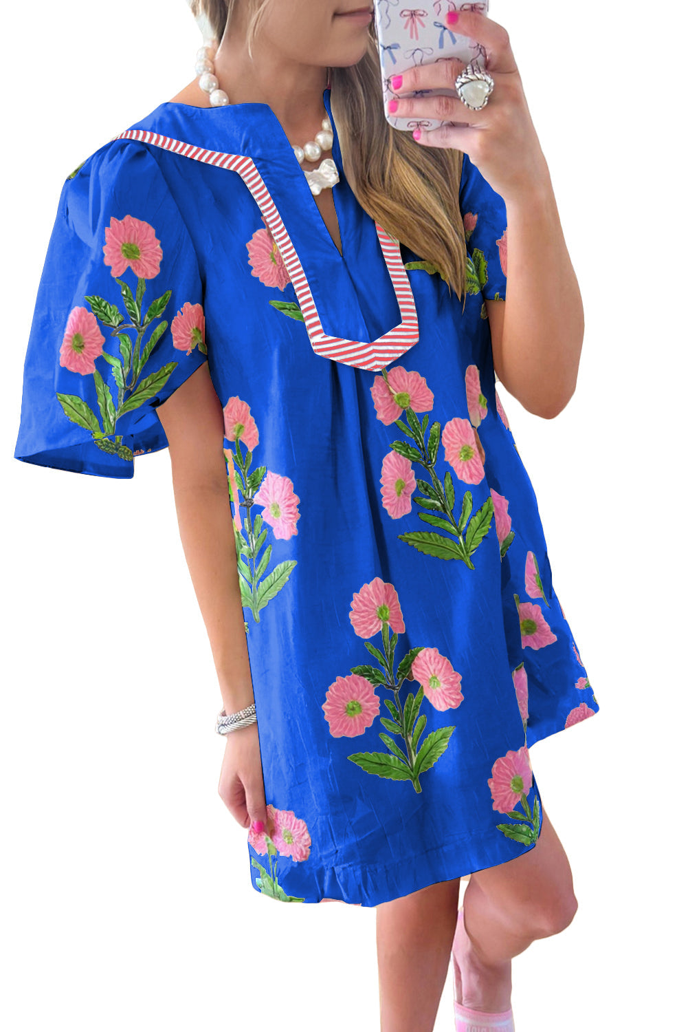 Blue Floral Short Sleeve Split Neck Loose Mini Dress