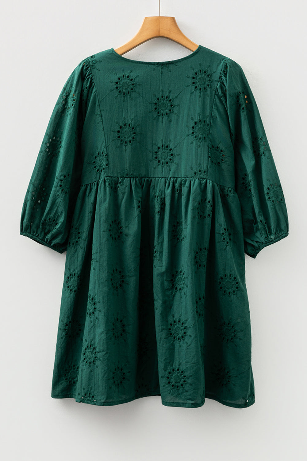Blackish Green Eyelet Embroidered Swing Dress Puff Sleeve