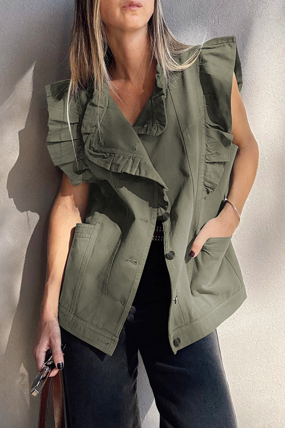 Green Bay Ruffled Patchwork Denim Jacket Vest For Women