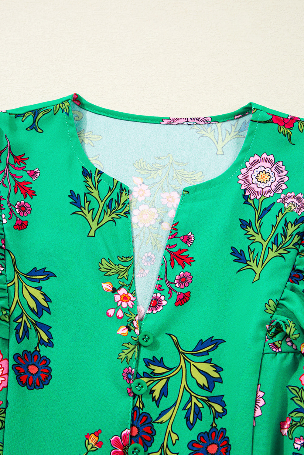 Premium Green Floral Ruffled Three Quarter Sleeve Buttoned Dress