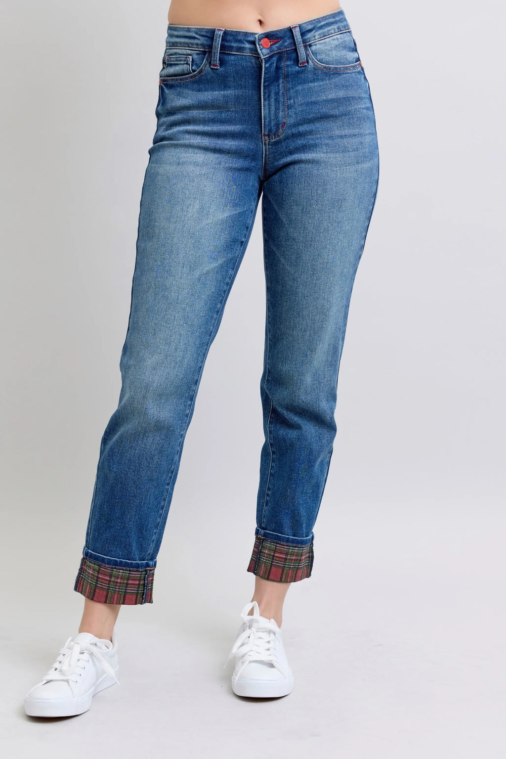 Judy Blue Plaid Print Cuff Boyfriend Jeans Plus Size