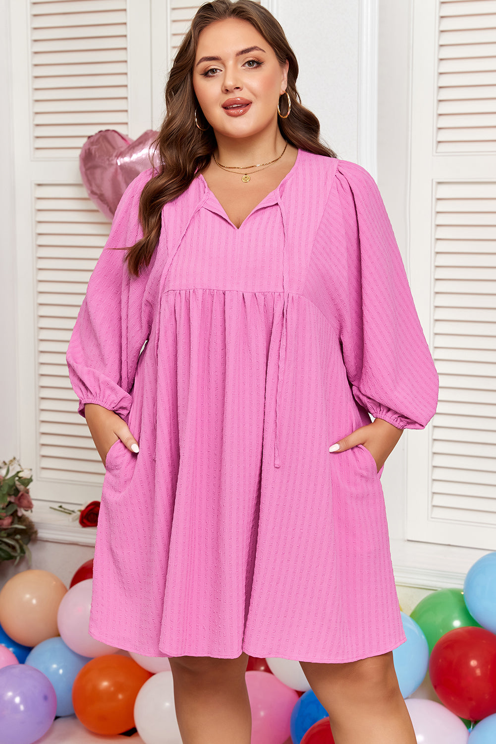 Premium Sachet Pink Plus Size Textured Tie Split Neck Puff Sleeve Flowy Mini Dress