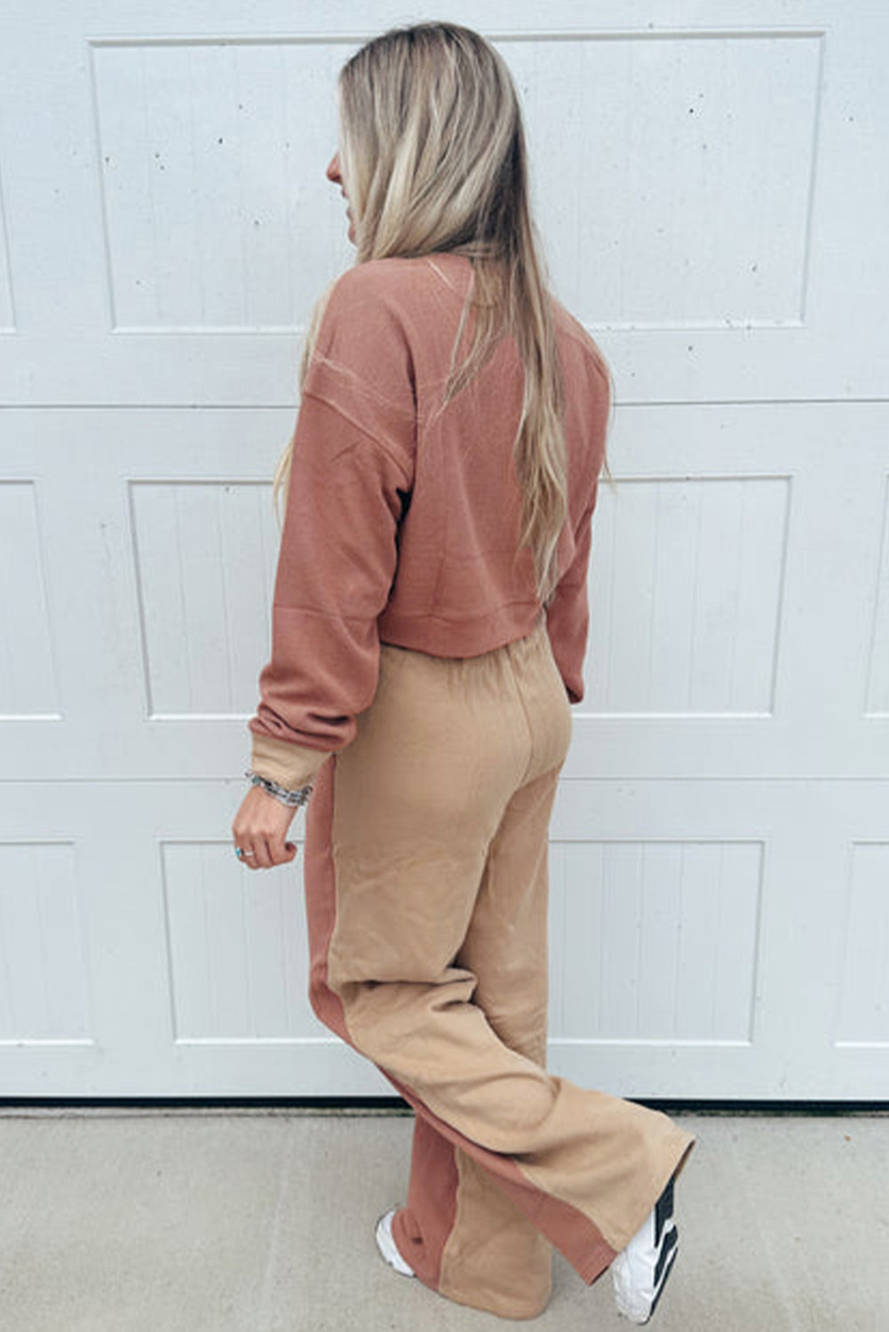 Premium Khaki Color Block Long Sleeve Crop Top Drawstring Pants Set