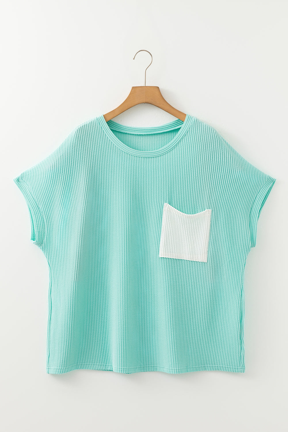 Light Blue Twisted Rib Contrast Pocket Knit Crew Neck Plus Size T Shirt