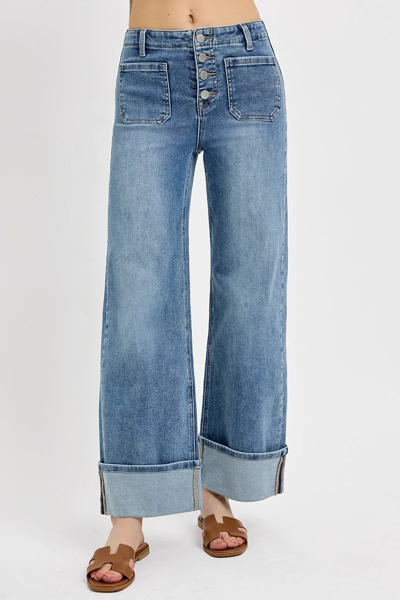 RISEN High Rise Ankle Wide Button Patch Pocket Cuffed Jeans