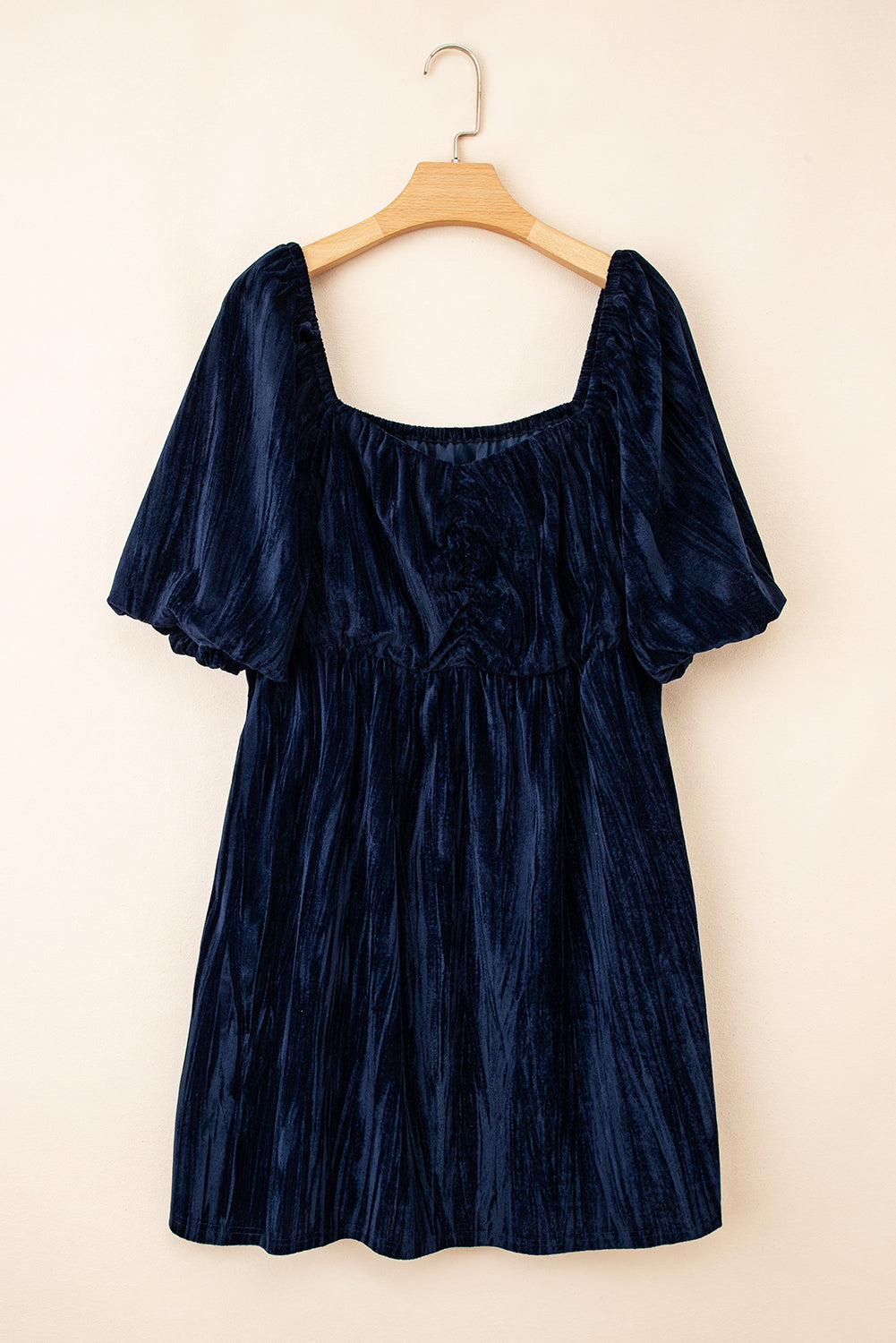 Navy Velvet Ruched Bust Square Neck Short Puff Sleeve Dress