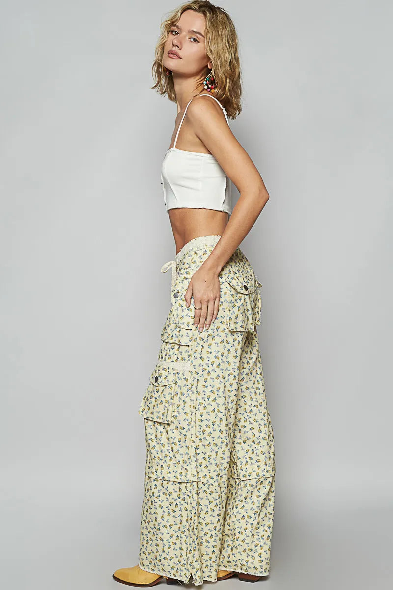 POL Floral Cargo Wide Leg Pants with Lace Drawstring