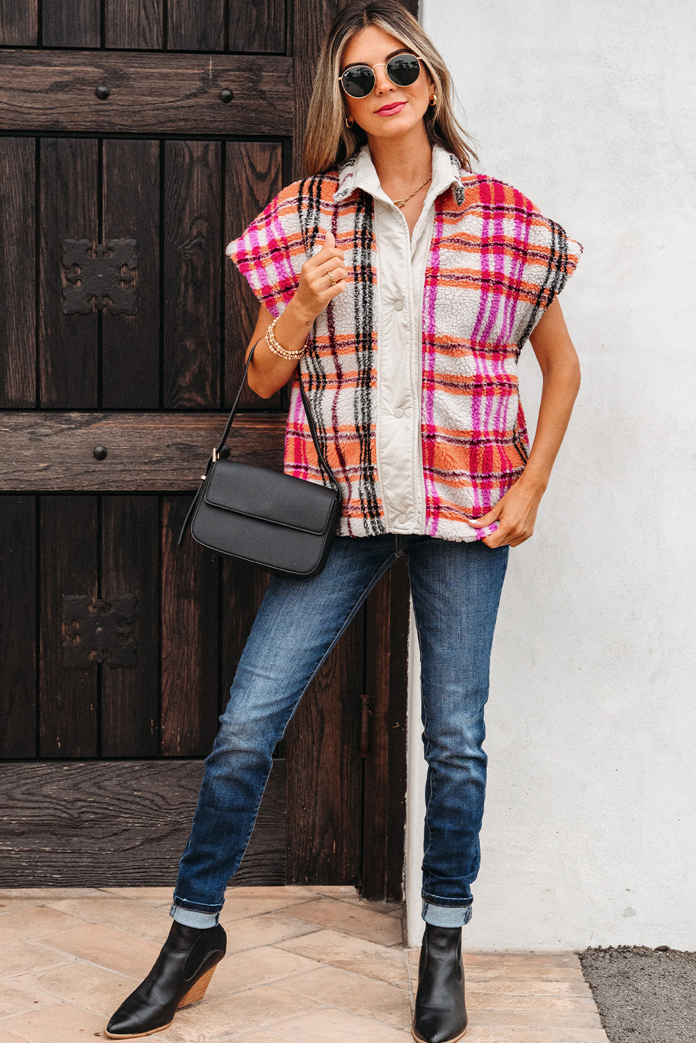 Rose Sherpa Plaid Jacket Vest