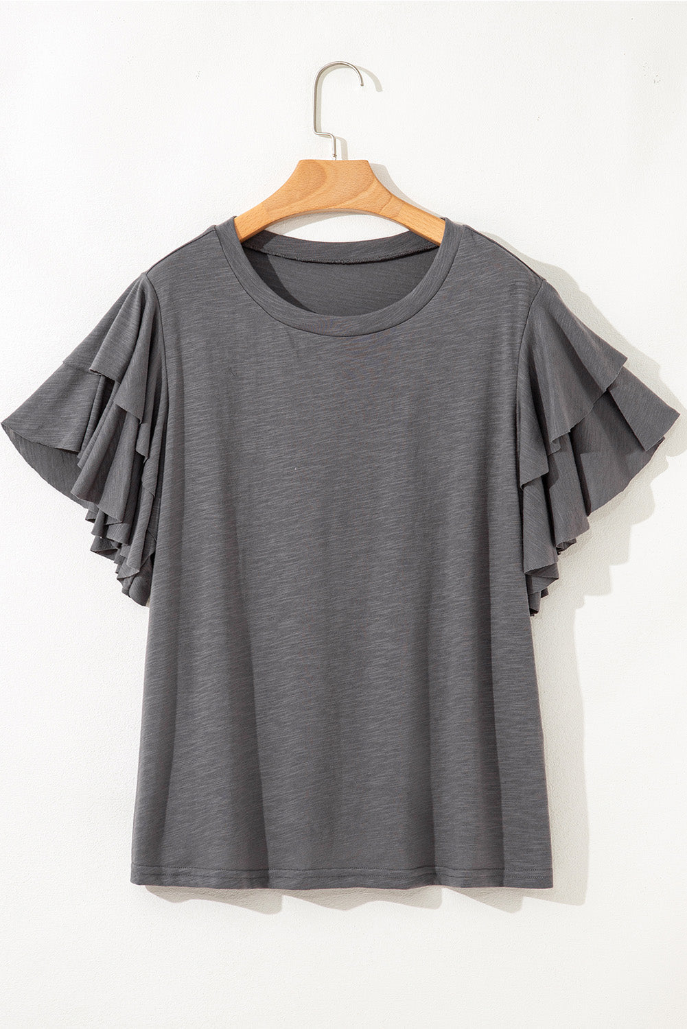 Plus Size Dark Grey Double Ruffled Short Sleeve Top