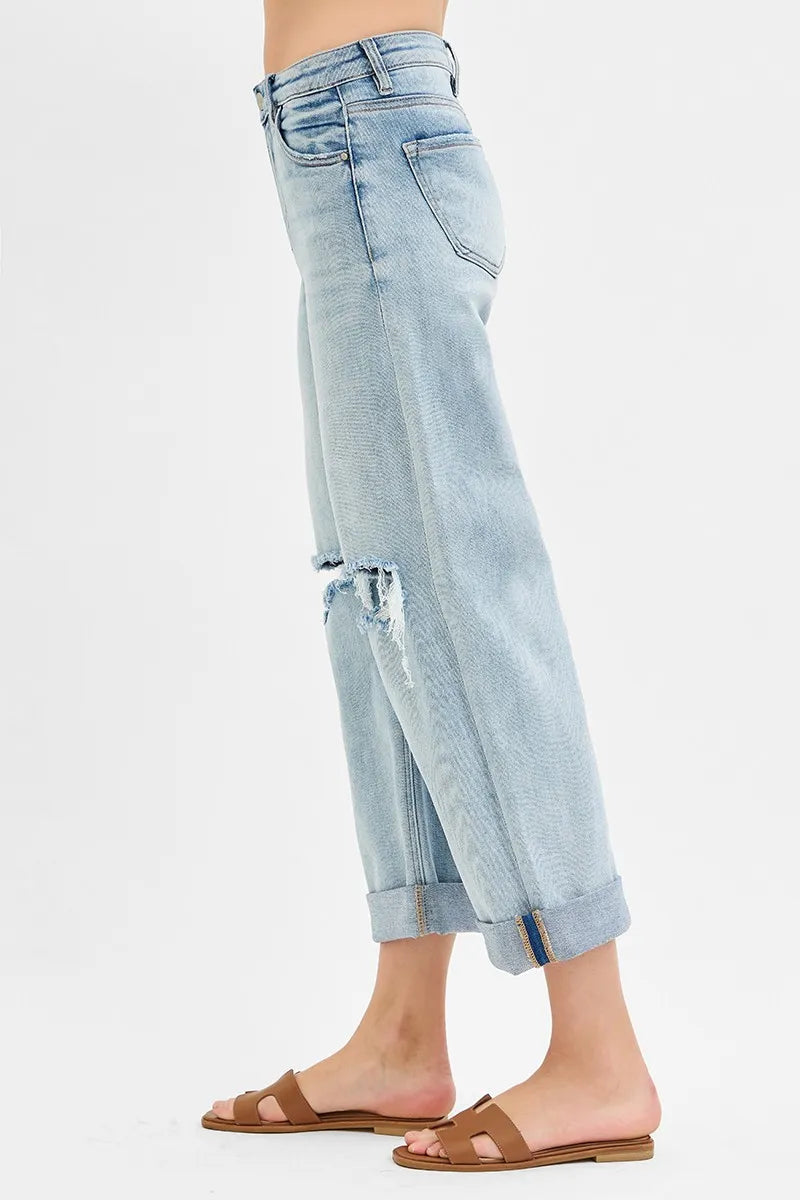 Risen Plus Size Boyfriend Jeans With Cuffed Hem Wide Leg