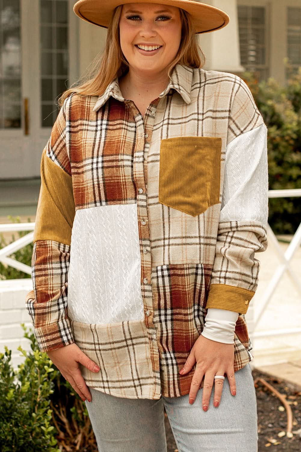 Golden apricot plaid shacket plus size
