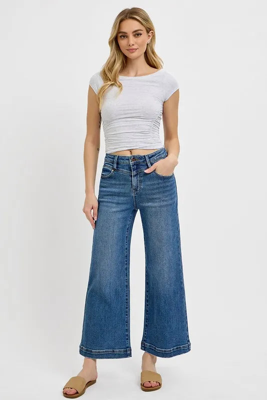 Risen Full Size High Rise Crop Wide Leg Front Yoke Detail Jeans Plus Size